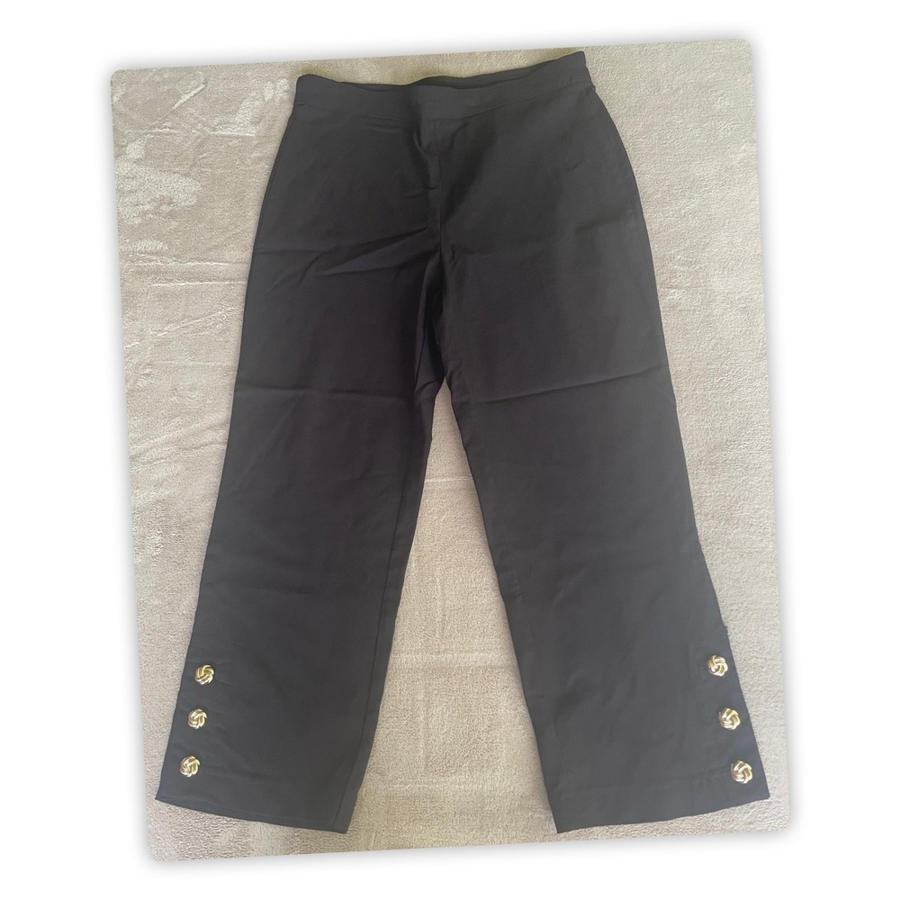 NWT Zac & Rachel Womens Size 10 Black Crop Pants Gold Button Hem Stretch